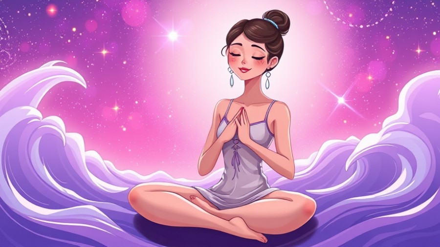 Serene woman meditating, cosmic cartoon style, Chronic Illness Recovery Identity