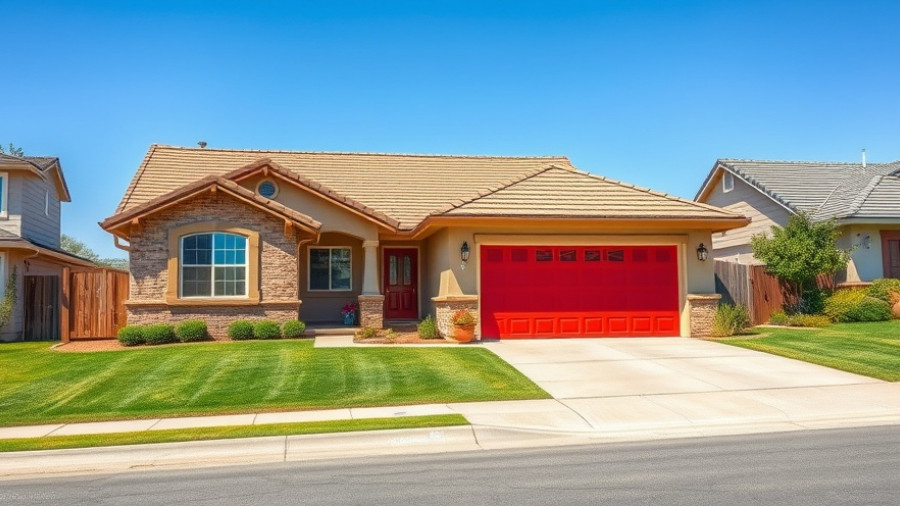Charming suburban house in Windsor CO with a brown roof and red garage.