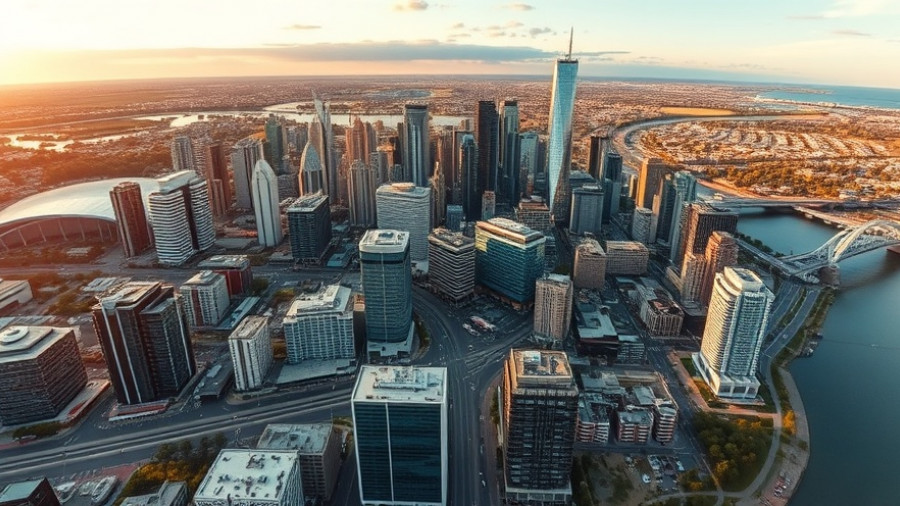 Aerial view of Brisbane during sunset, highlighting skyscrapers and the Brisbane River; related to Brisbane Olympic housing crisis.
