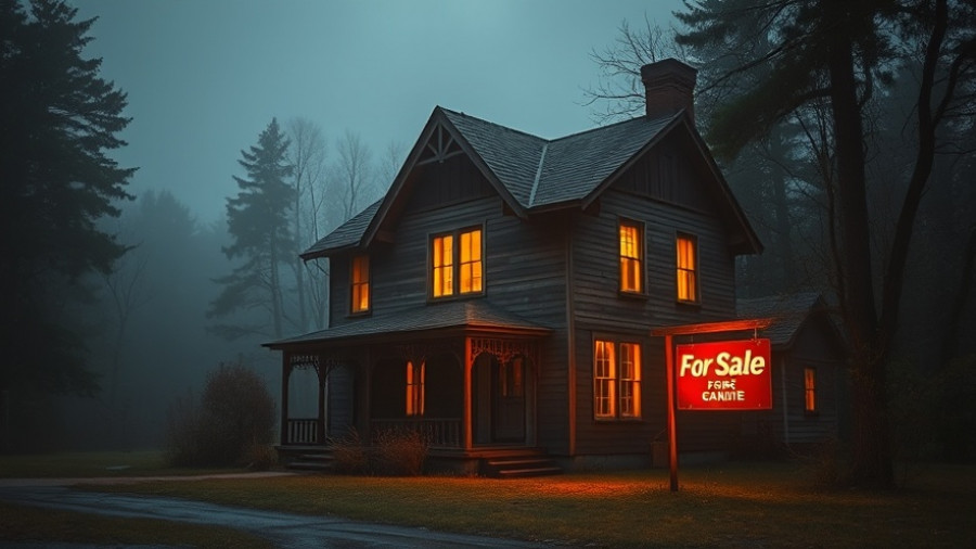 Spooky house with For Sale sign at dusk; Halloween marketing ideas for real estate.