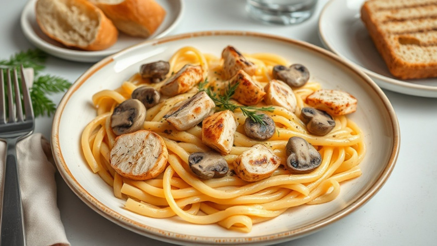 Creamy Chicken Mushroom Pasta dish with grilled chicken and rigatoni.