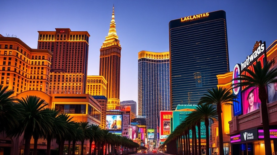 Las Vegas skyline with tall, illuminated buildings and palm trees.