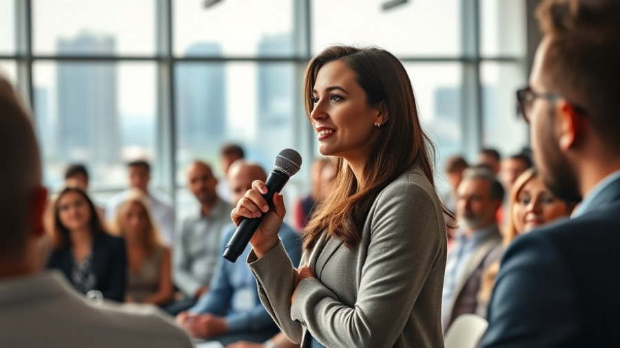 Women leaders in real estate speaking confidently at an event.