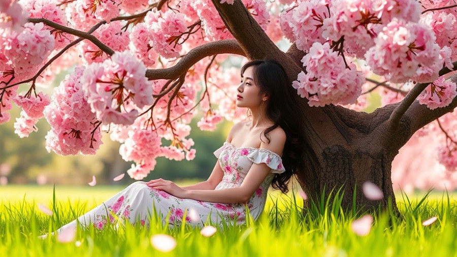 Peaceful woman amid cherry blossoms reflecting on lonely ache of self-worth.