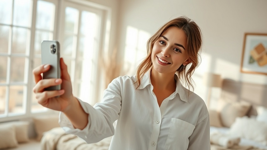 Woman in white button-down shirt taking a selfie in a cozy bedroom.