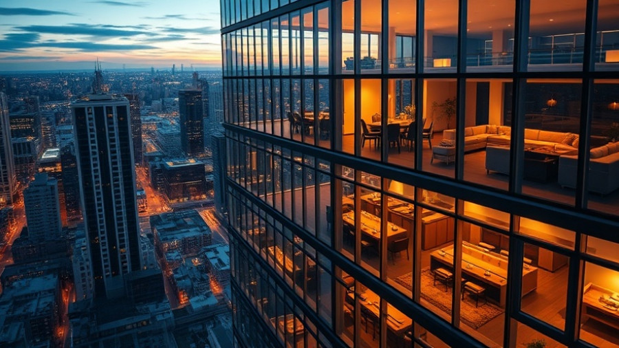 Illuminated high-rise condo with modern amenities, evening view.