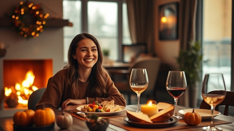 Cozy November dining scene with woman enjoying a warm meal by the fireplace.