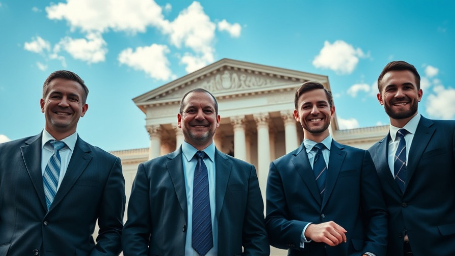 Businessmen smiling in front of a Supreme Court background, related to Compass vs Zillow antitrust lawsuit.