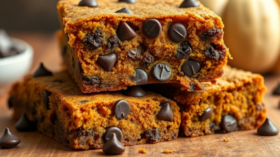 Stacked healthy high-protein pumpkin chocolate chip blondies.