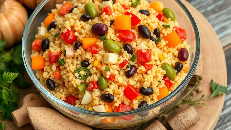 Colorful autumn couscous salad with fresh veggies in a glass bowl.