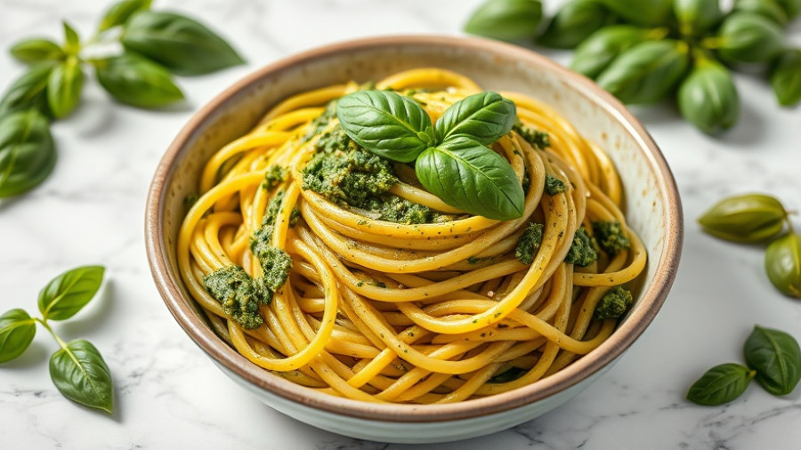 High protein pesto pasta presented in a ceramic dish with fresh basil garnish.