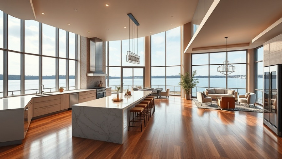 Luxury Waterfront Living in Lake Coeur D’Alene: Elegant open kitchen and living area with view.