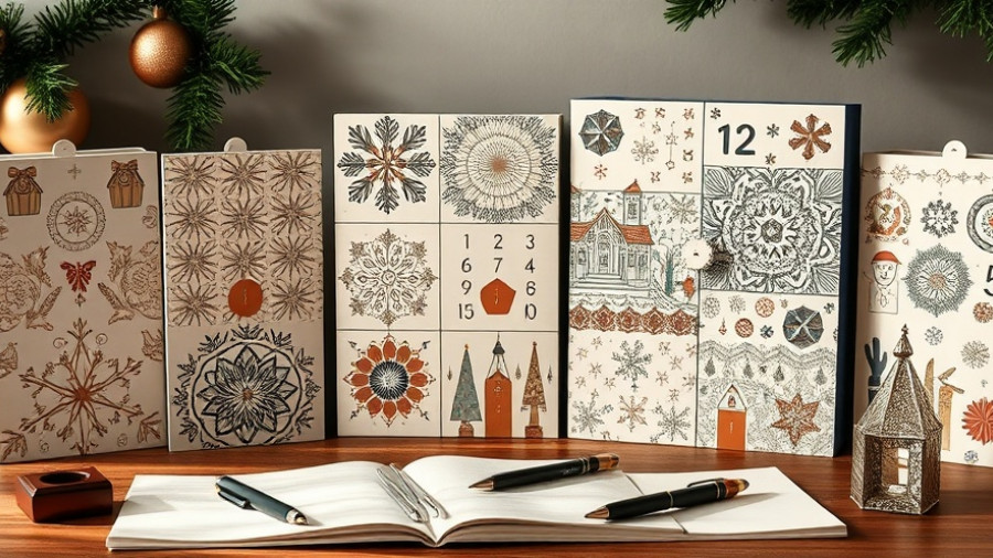 Elegantly designed 2025 advent calendars with intricate patterns and pens.