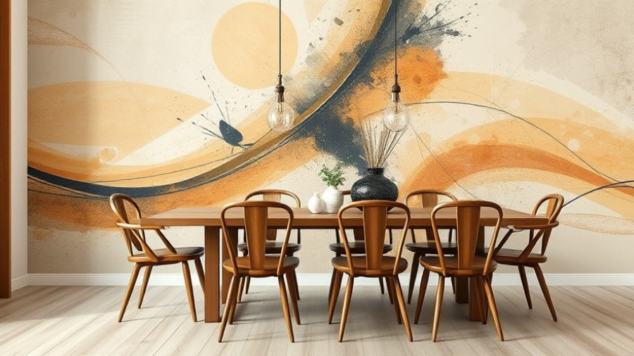 Chic dining area with abstract wallpaper and wooden furnishings.