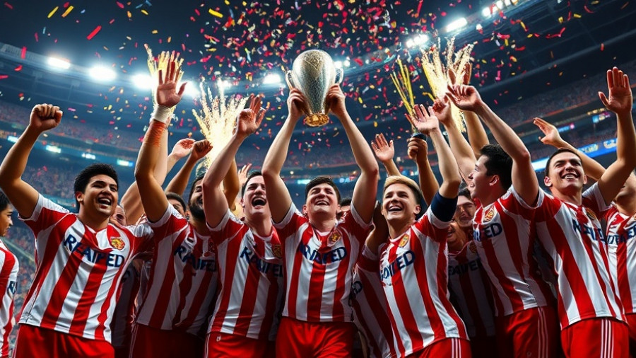 Victory celebration of sports team with trophy amidst confetti.