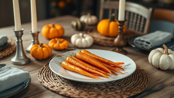 Elegant roasted carrots and decor for Thanksgiving menu planning.