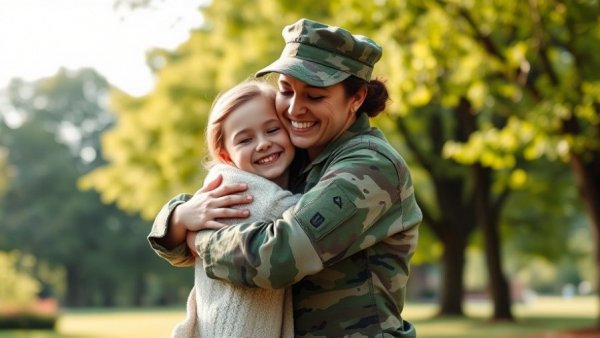 Military mother embracing daughter, symbolizing VA home loans eligibility support.