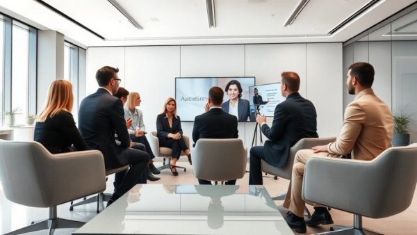 Group discussing aesthetic medicine leadership training in modern room.
