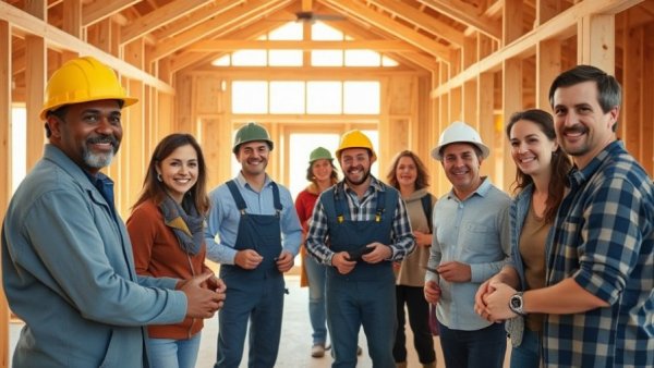 Volunteers building affordable housing in Miami, positive teamwork.