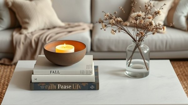 Cozy fall setting with a candle on a coffee table.