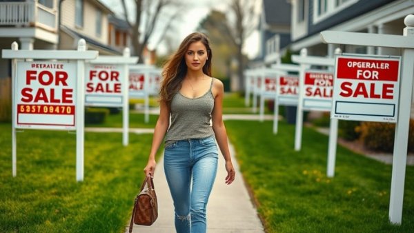 Woman passing 'For Sale' signs, variable-rate mortgages context.