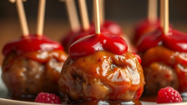 Thanksgiving meatballs with raspberry sauce, skewered on a plate.