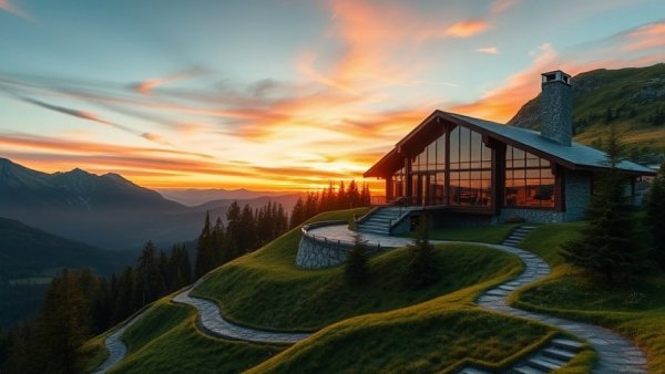 Modern Mountain Luxury Eagles Nest home with large windows at sunset, scenic view.