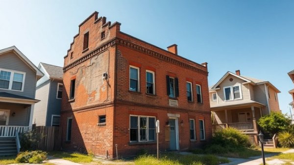 Dogs in Space film location: brick building with green doors, sale.