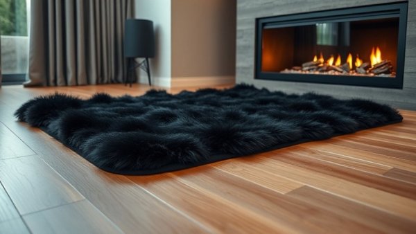 Luxurious black faux fur area rug in a warm, cozy space with a fireplace.