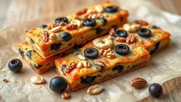 Vegan pizza snack bars with olives and nuts on parchment.