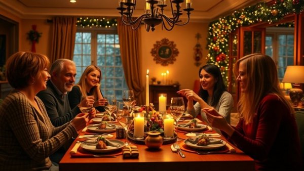 Cheerful holiday dinner gathering with festive table setting.