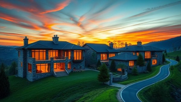 Eagles Nest luxury community at sunset with stone houses.