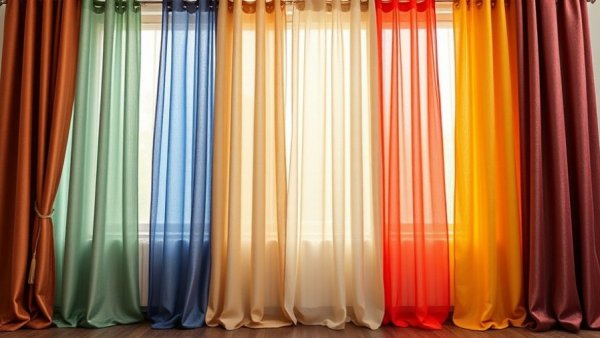 Colorful thermal curtains assortment with diverse textures.