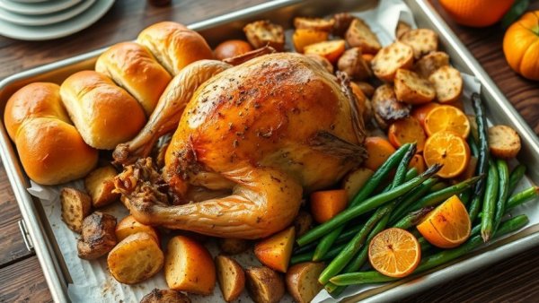 Easy Sheet Pan Thanksgiving Dinner for 4 with turkey, vegetables, and rolls.