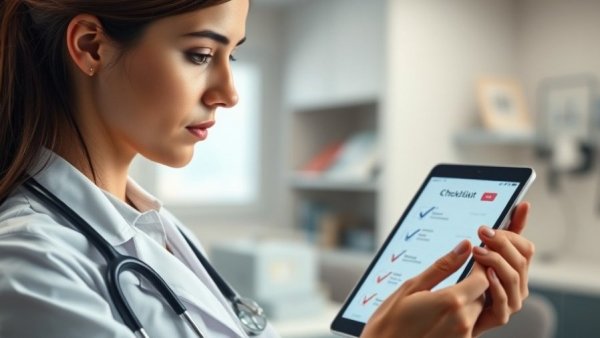 Professional engaging with digital checklist in aesthetic medicine.