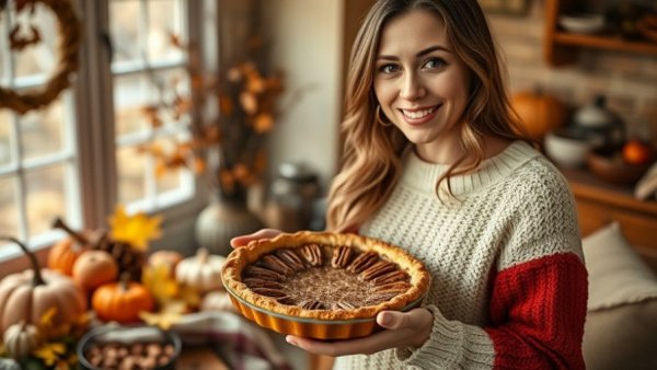 Thanksgiving potluck recipes with homemade pecan pie in cozy autumn setting.