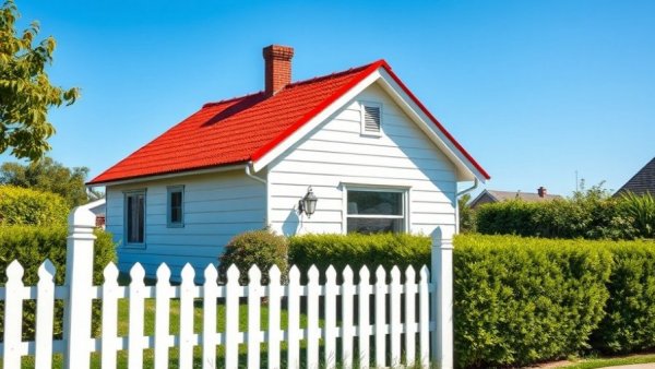 Small house with red roof in Australia, sunny lawn.