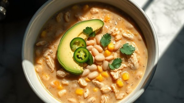 Vegan slow cooker white chicken chili with avocado slices in bowl.