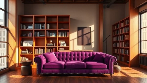 Sophisticated SoHo loft interior with wooden shelves and purple sofa.