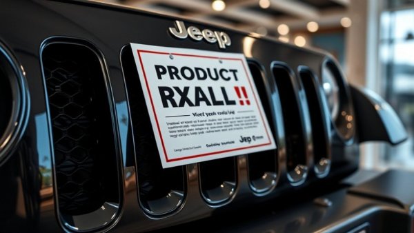 Jeep recall fire hazard sign on vehicle grille in showroom.