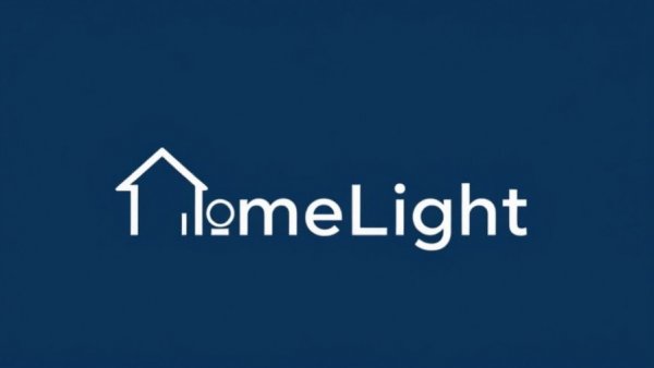 Minimalist house icon with HomeLight text, dark blue background.