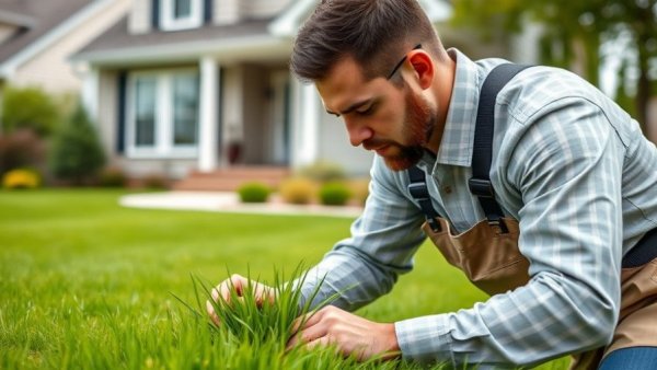 TruGreen professional inspecting lawn for military discount offer.