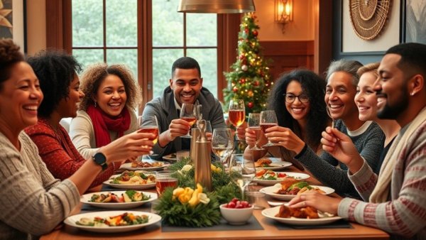 Joyful group enjoying holiday meal, holiday hosting essentials.