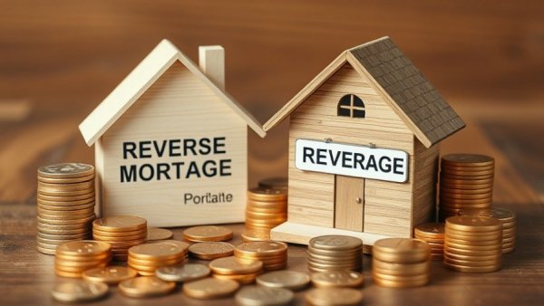 Wooden house model with reverse mortgage sign and coin stacks.