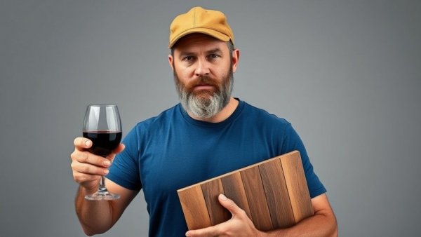 Man holds cheap decking and expensive wine confidently, gray background.