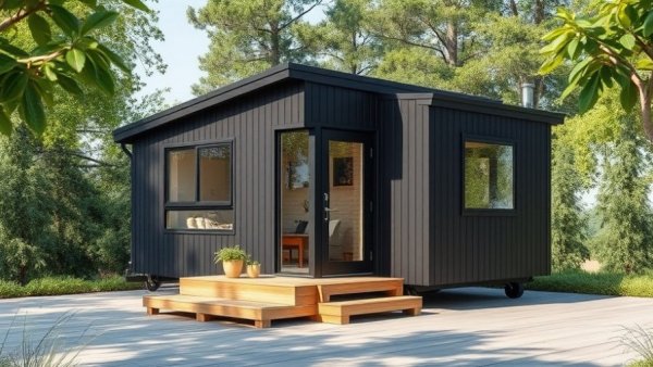 Modern black affordable tiny house with glass doors on a patio.