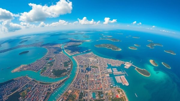 Aerial view of Florida Keys coastal city with turquoise waters.