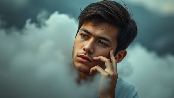 Thoughtful young man reflecting amidst clouds, conceptual art on supporting a loved one through addiction.