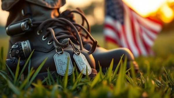 Military boots and dog tags on grass, veterans priced out of housing market.