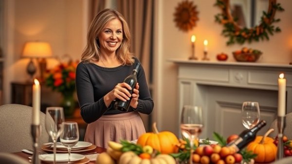 Smiling woman setting Thanksgiving table for stress-free feast.